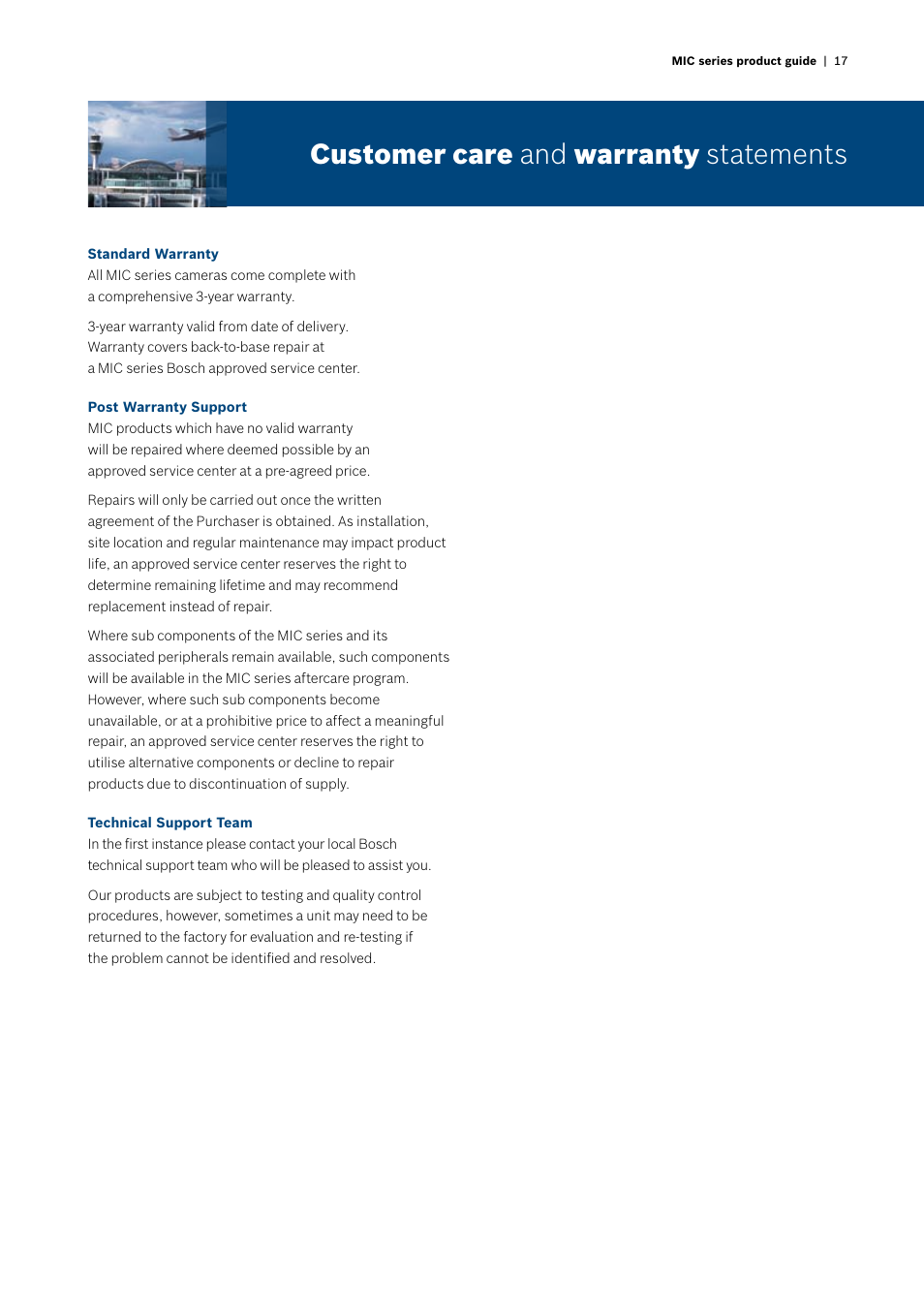 Customer care and warranty statements | Bosch MIC412 User Manual | Page 17 / 20