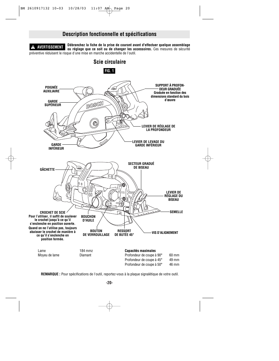 Description fonctionnelle et spécifications, Scie circulaire | Bosch 1677MD User Manual | Page 20 / 44