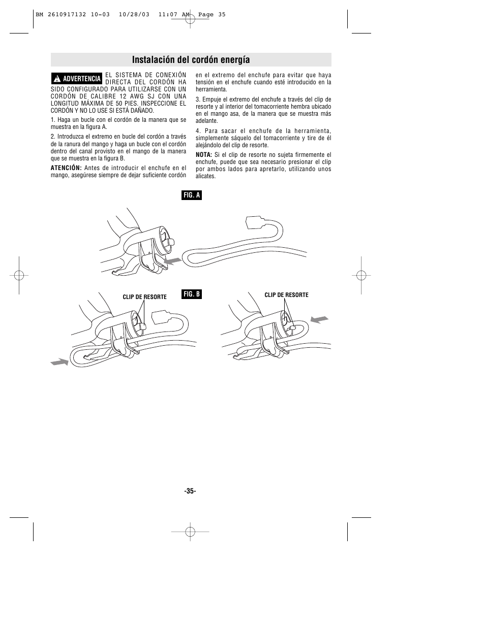 Instalación del cordón energía | Bosch 1677MD User Manual | Page 35 / 44