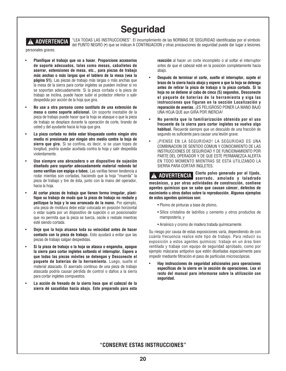 Seguridad, Conserve estas instrucciones” advertencia, Advertencia | Bosch 3924-24 User Manual | Page 20 / 92