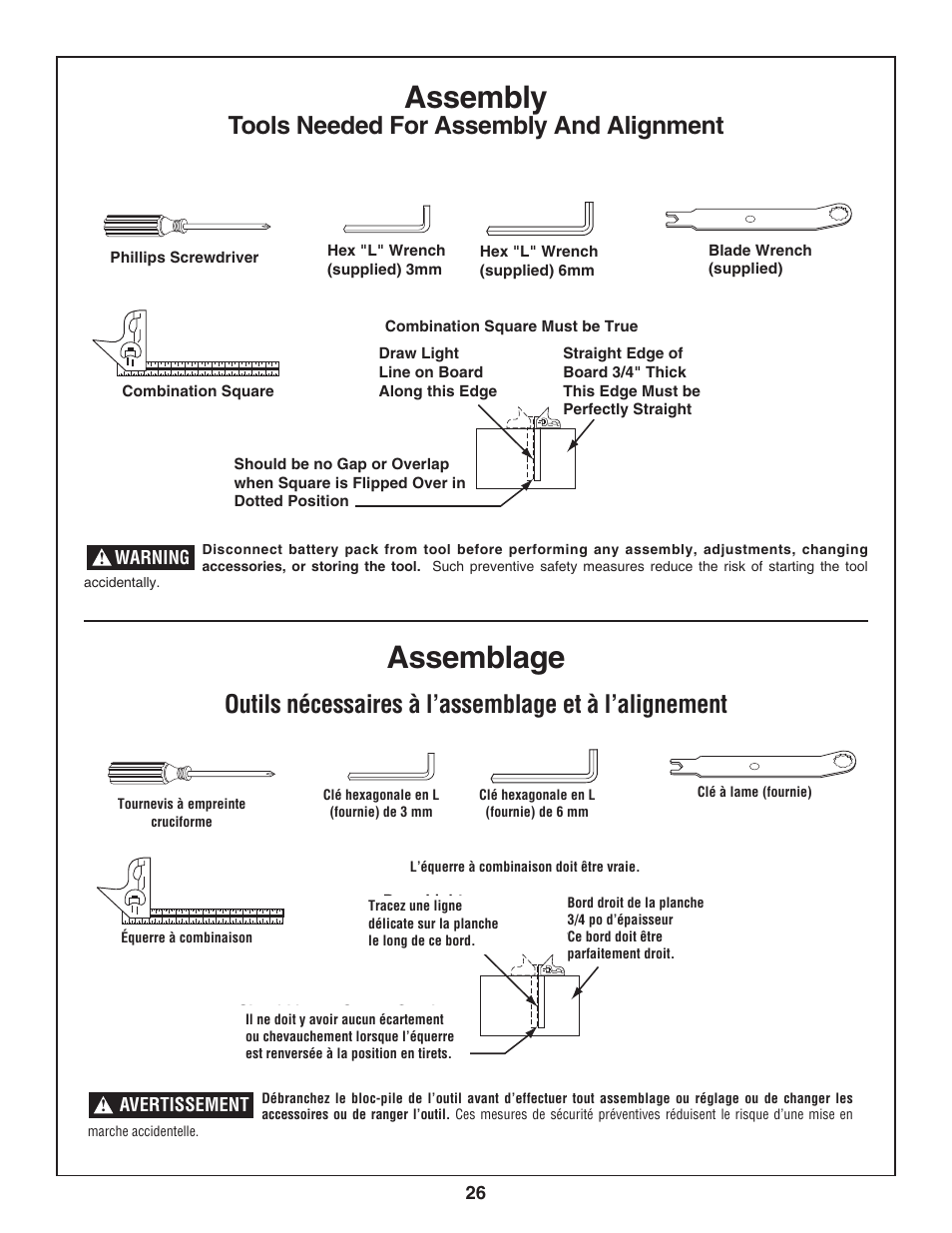 Assembly, Assemblage, Tools needed for assembly and alignment | Bosch 3924-24 User Manual | Page 26 / 92
