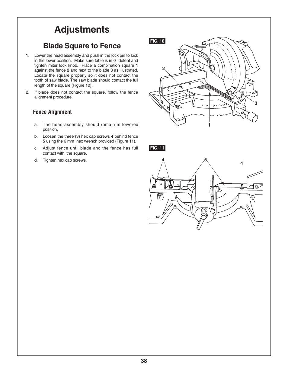 Adjustments, Blade square to fence | Bosch 3924-24 User Manual | Page 38 / 92