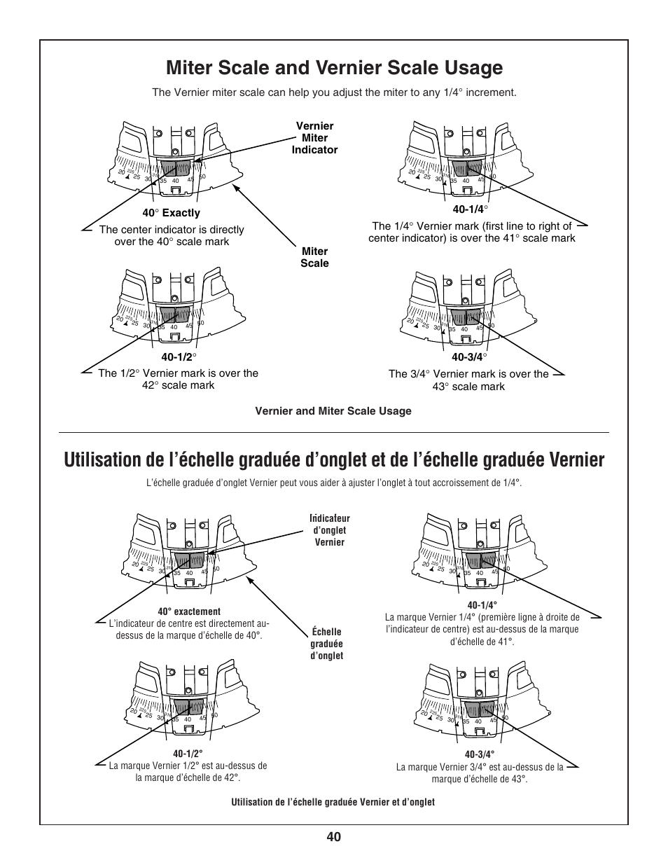 Miter scale and vernier scale usage | Bosch 3924-24 User Manual | Page 40 / 92
