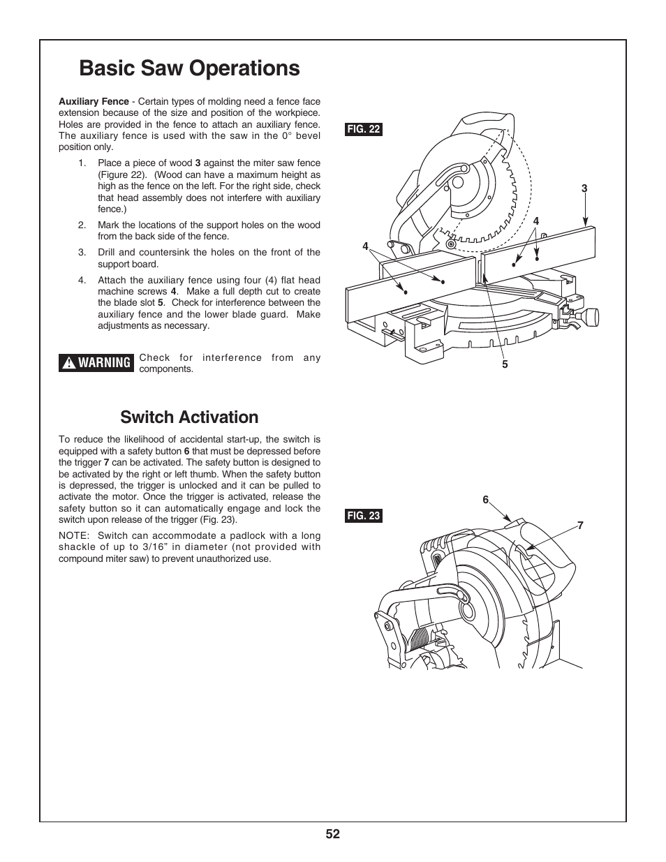 Basic saw operations, Switch activation | Bosch 3924-24 User Manual | Page 52 / 92