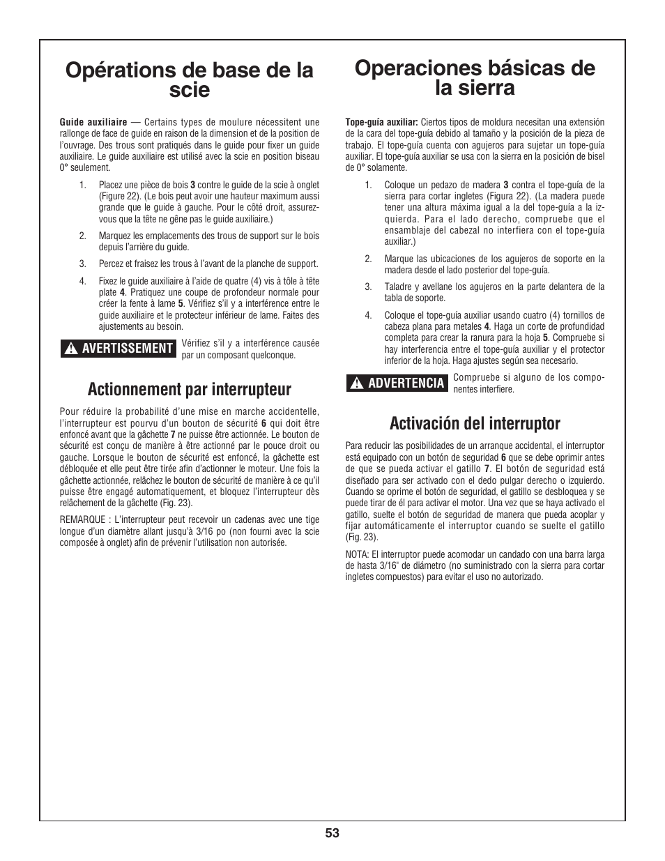 Opérations de base de la scie, Operaciones básicas de la sierra, Actionnement par interrupteur | Activación del interruptor | Bosch 3924-24 User Manual | Page 53 / 92