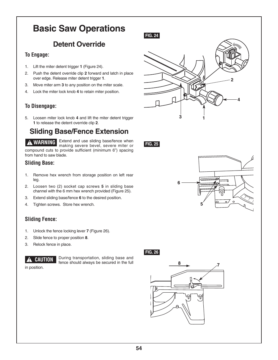 Basic saw operations, Detent override, Sliding base/fence extension | Bosch 3924-24 User Manual | Page 54 / 92