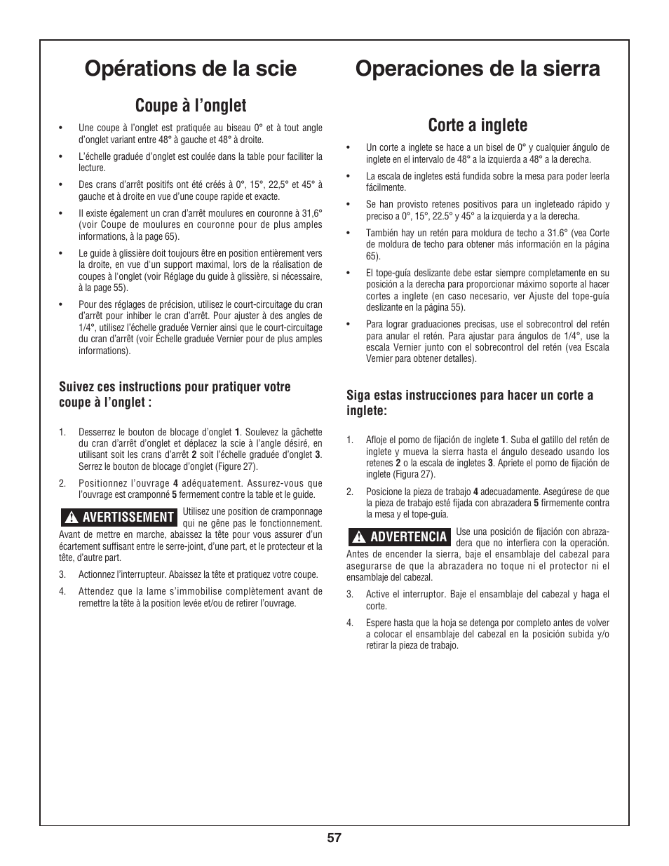 Opérations de la scie, Operaciones de la sierra, Coupe à l’onglet | Corte a inglete | Bosch 3924-24 User Manual | Page 57 / 92