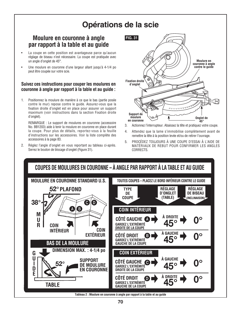 Opérations de la scie, Bas de la moulure, Plafond m u r | Bosch 3924-24 User Manual | Page 70 / 92