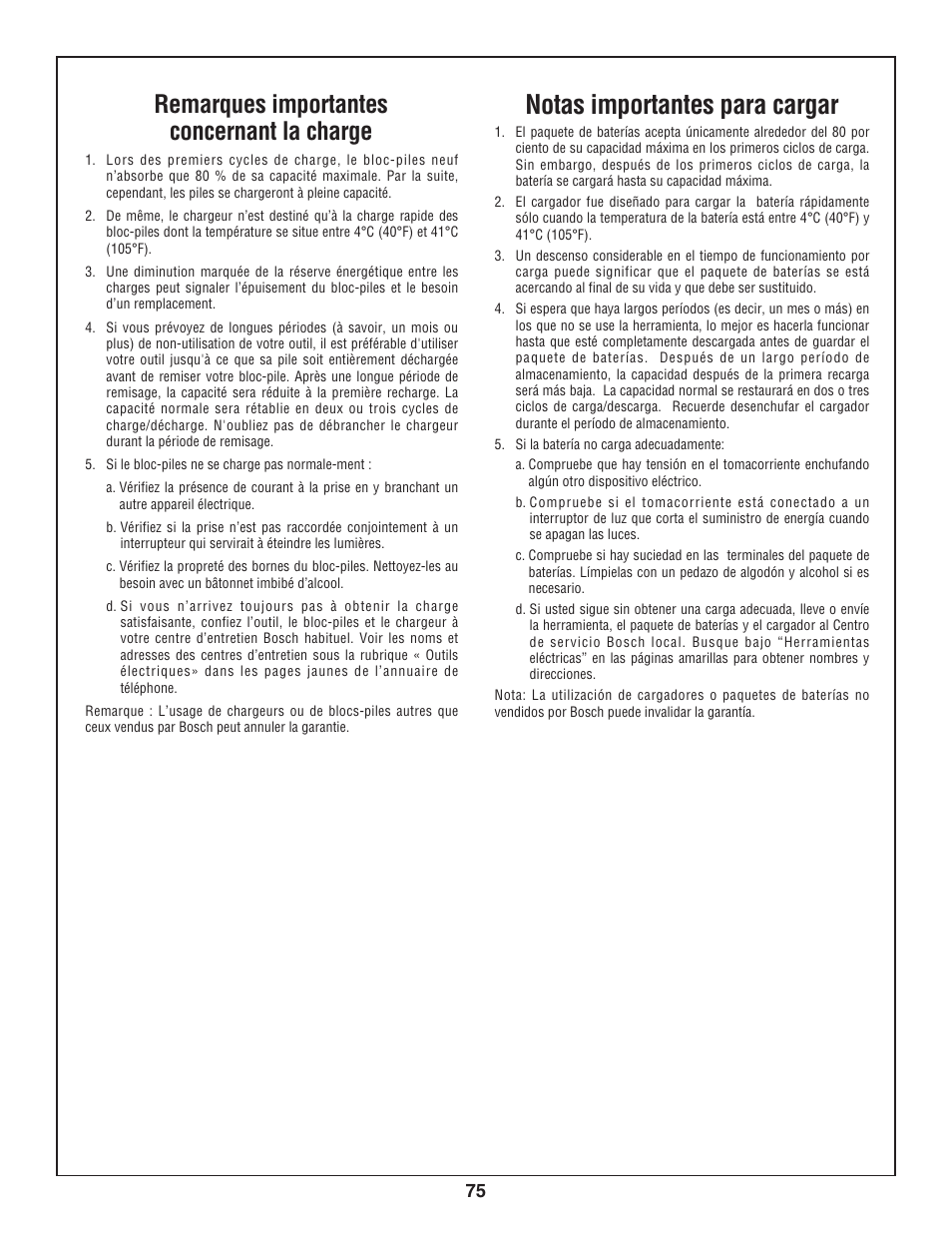 Notas importantes para cargar, Remarques importantes concernant la charge | Bosch 3924-24 User Manual | Page 75 / 92