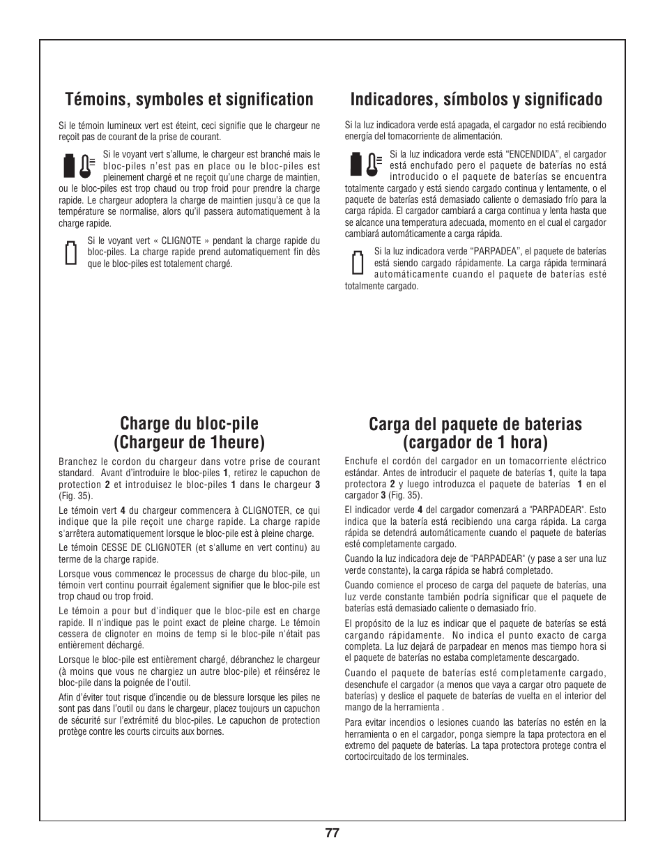 Charge du bloc-pile (chargeur de 1heure), Carga del paquete de baterias (cargador de 1 hora), Témoins, symboles et signification | Indicadores, símbolos y significado | Bosch 3924-24 User Manual | Page 77 / 92
