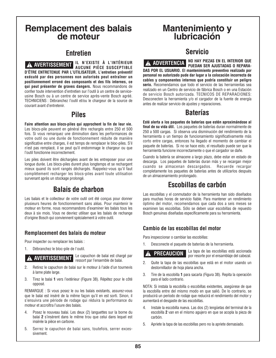 Entretien, Piles, Balais de charbon | Servicio, Baterías, Escobillas de carbón | Bosch 3924-24 User Manual | Page 85 / 92