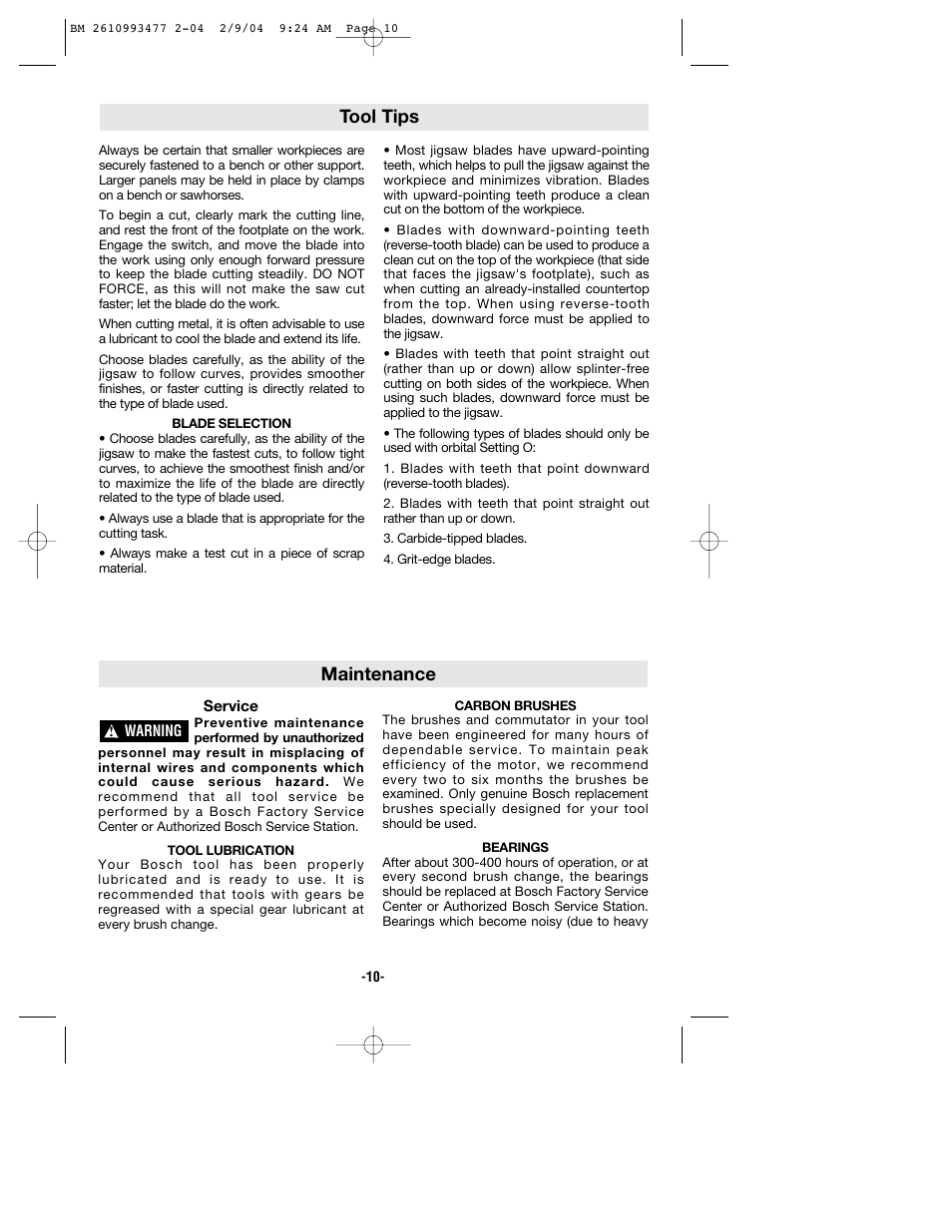 Maintenance, Tool tips | Bosch 1587DVS User Manual | Page 10 / 32