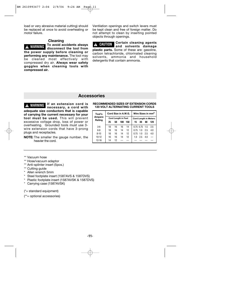 Accessories, Cleaning, Warning | Caution | Bosch 1587DVS User Manual | Page 11 / 32