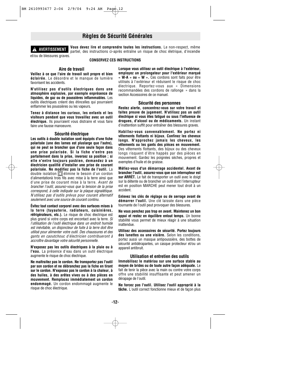 Règles de sécurité générales | Bosch 1587DVS User Manual | Page 12 / 32