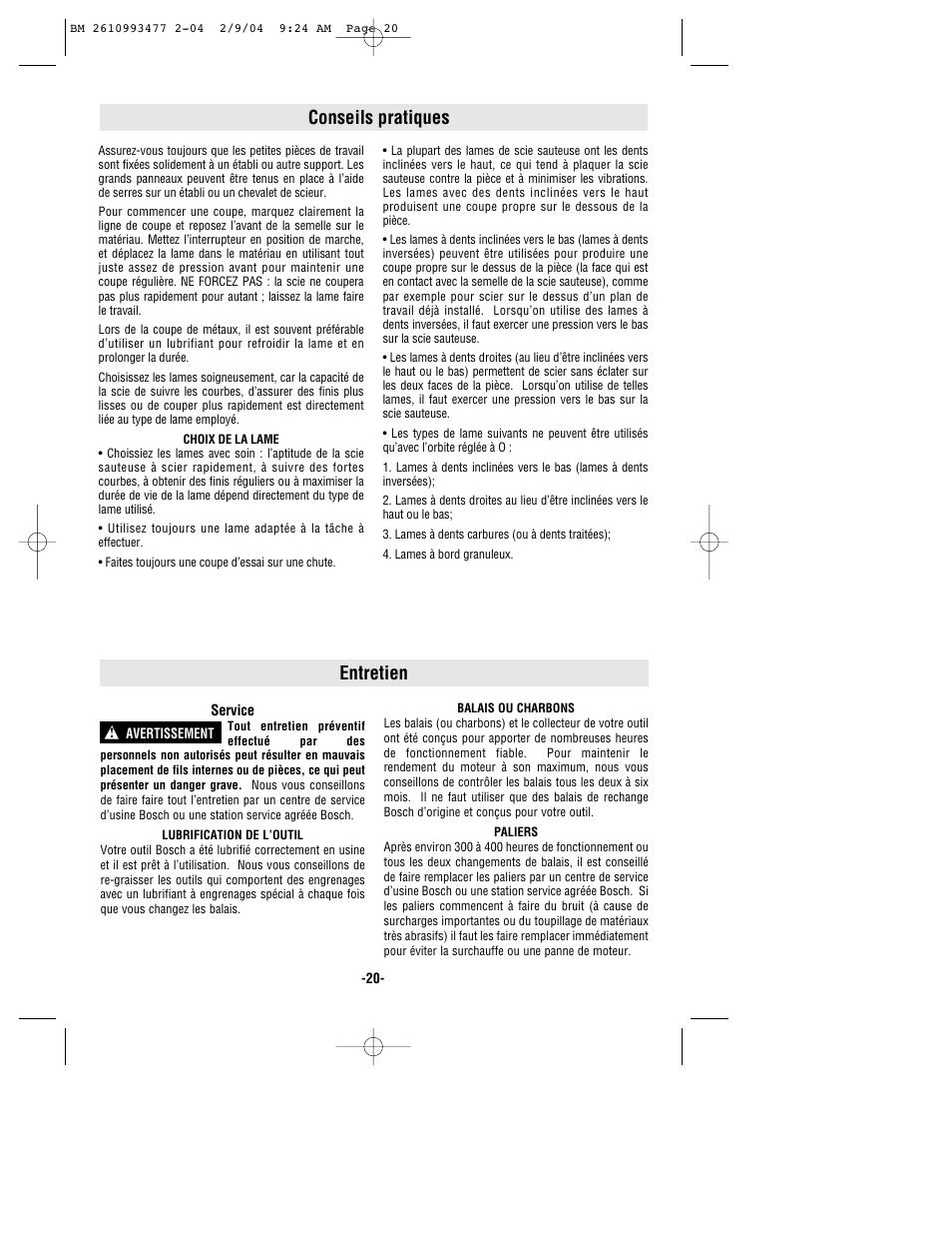 Entretien, Conseils pratiques | Bosch 1587DVS User Manual | Page 20 / 32