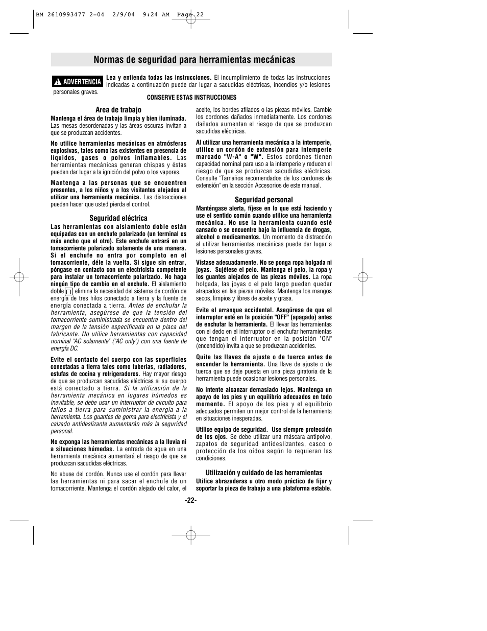 Normas de seguridad para herramientas mecánicas | Bosch 1587DVS User Manual | Page 22 / 32