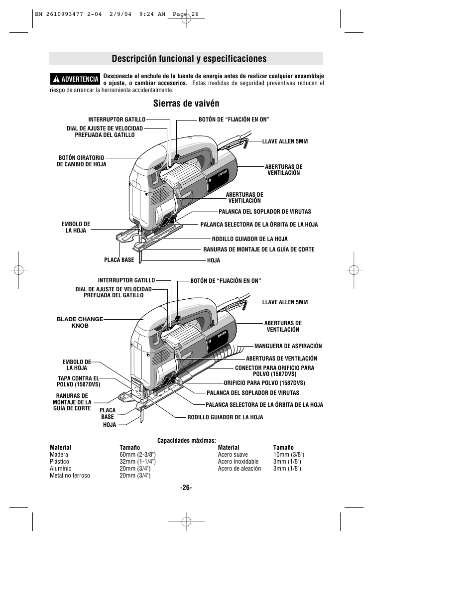 Descripción funcional y especificaciones, Sierras de vaivén | Bosch 1587DVS User Manual | Page 26 / 32