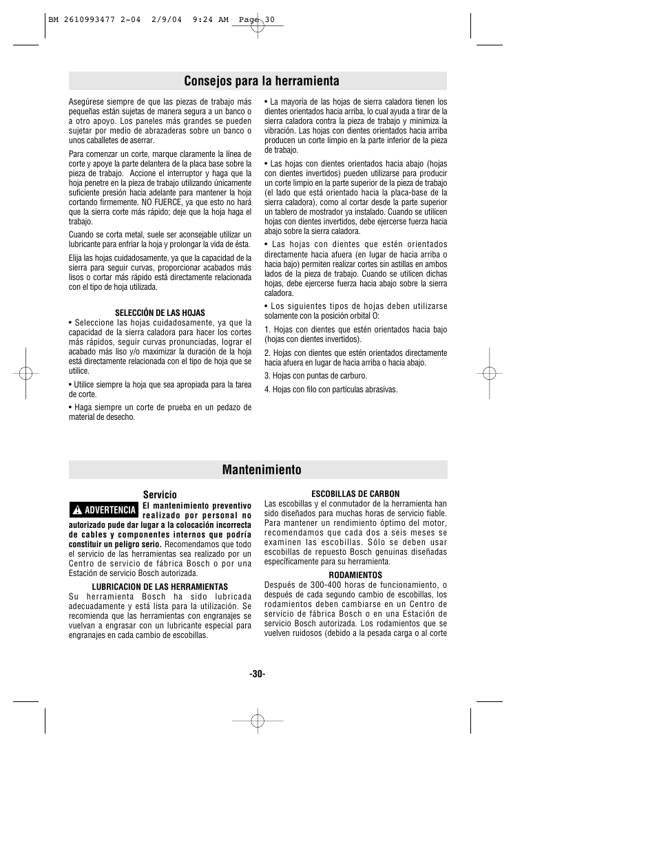 Mantenimiento, Consejos para la herramienta | Bosch 1587DVS User Manual | Page 30 / 32