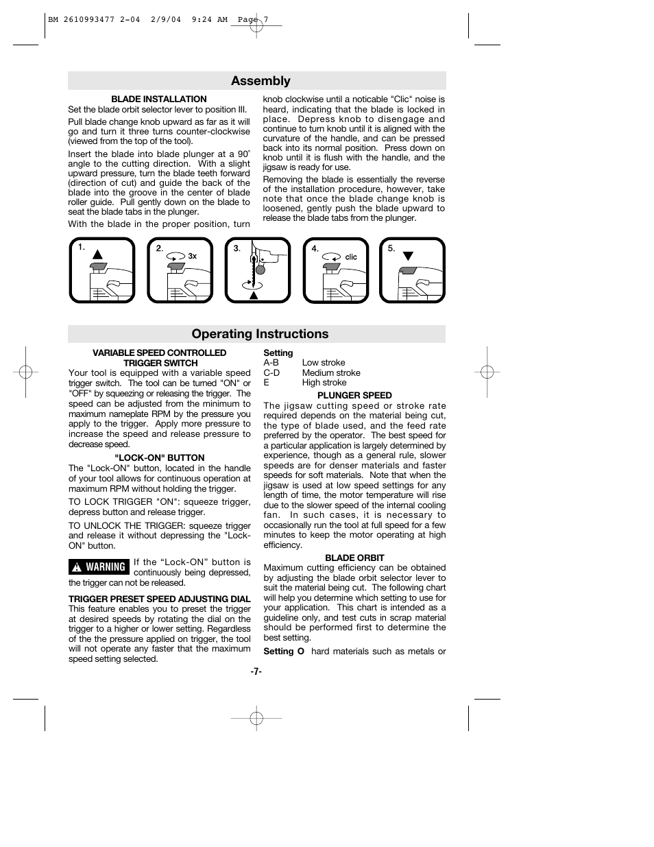 Assembly, Operating instructions | Bosch 1587DVS User Manual | Page 7 / 32