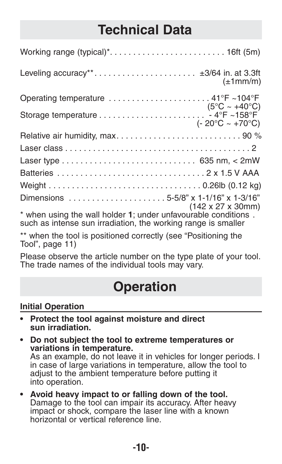 Operation technical data | Bosch GPLL5 User Manual | Page 10 / 36