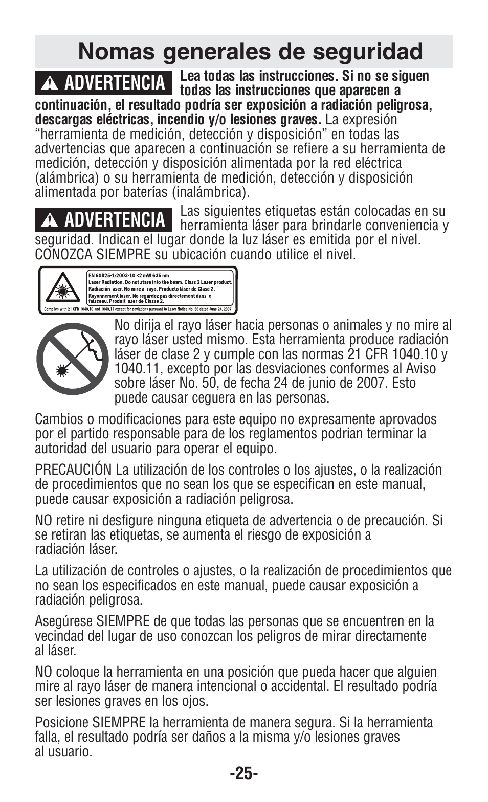 Nomas generales de seguridad, Advertencia | Bosch GPLL5 User Manual | Page 25 / 36