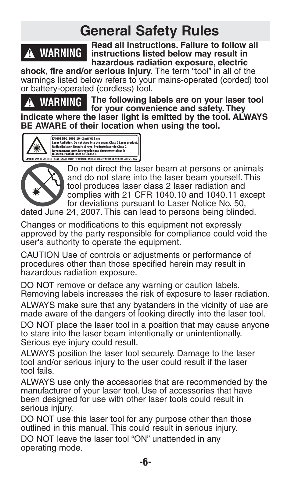 General safety rules, Warning | Bosch GPLL5 User Manual | Page 6 / 36