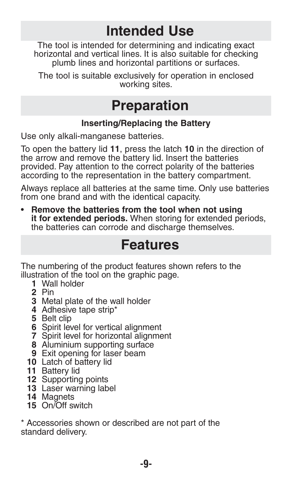 Features intended use preparation | Bosch GPLL5 User Manual | Page 9 / 36