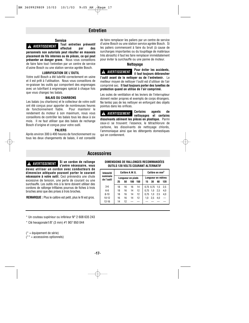Entretien, Accessoires | Bosch 1500C User Manual | Page 17 / 28