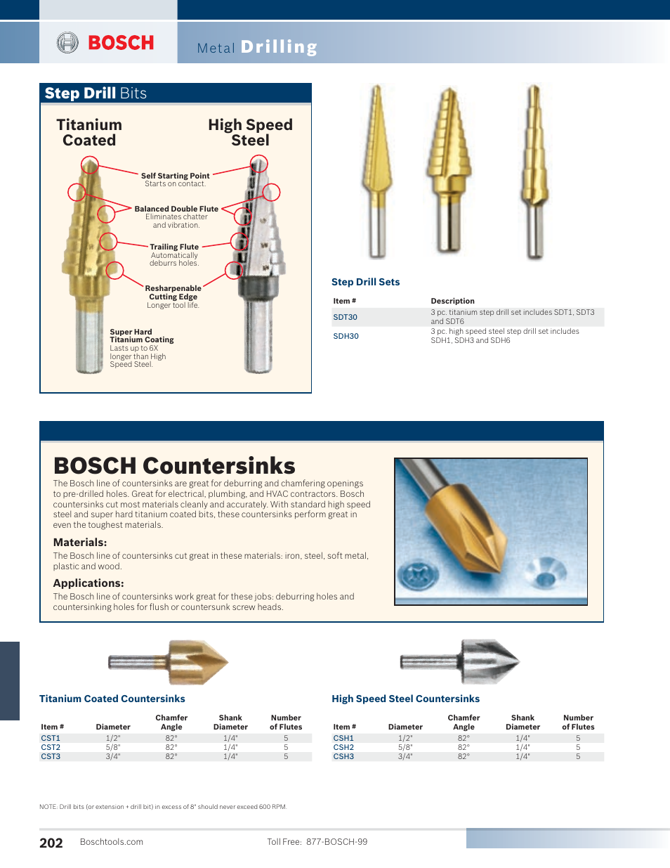 Bosch countersinks, Drilling, Step drill bits titanium coated high speed steel | Metal | Bosch SG45M User Manual | Page 18 / 32