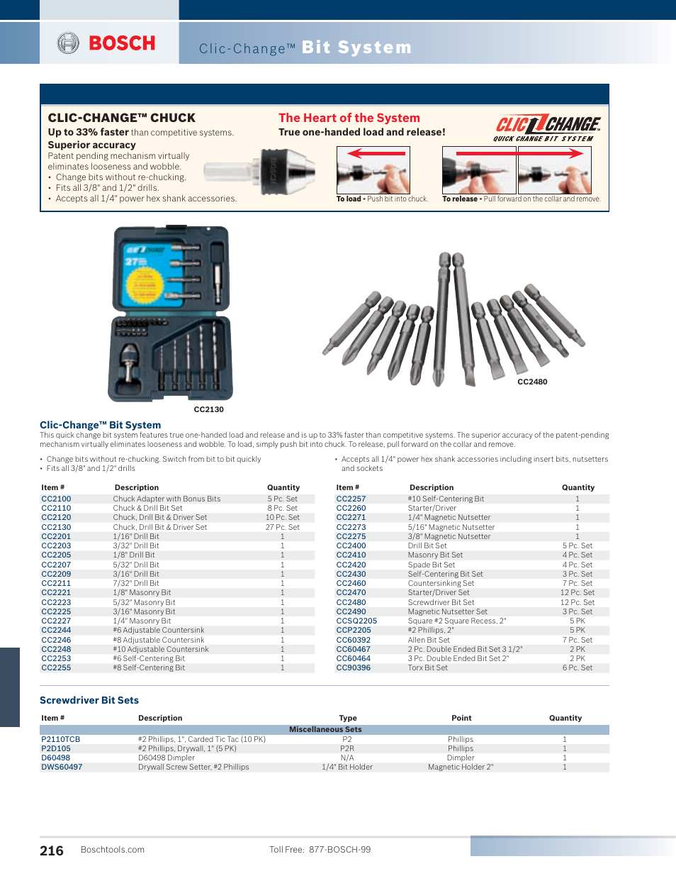 Bit system, Clic-change, Clic-change™ chuck the heart of the system | Clic-change™ bit system, Up to 33% faster, Superior accuracy, True one-handed load and release, Screwdriver bit sets | Bosch SG45M User Manual | Page 32 / 32
