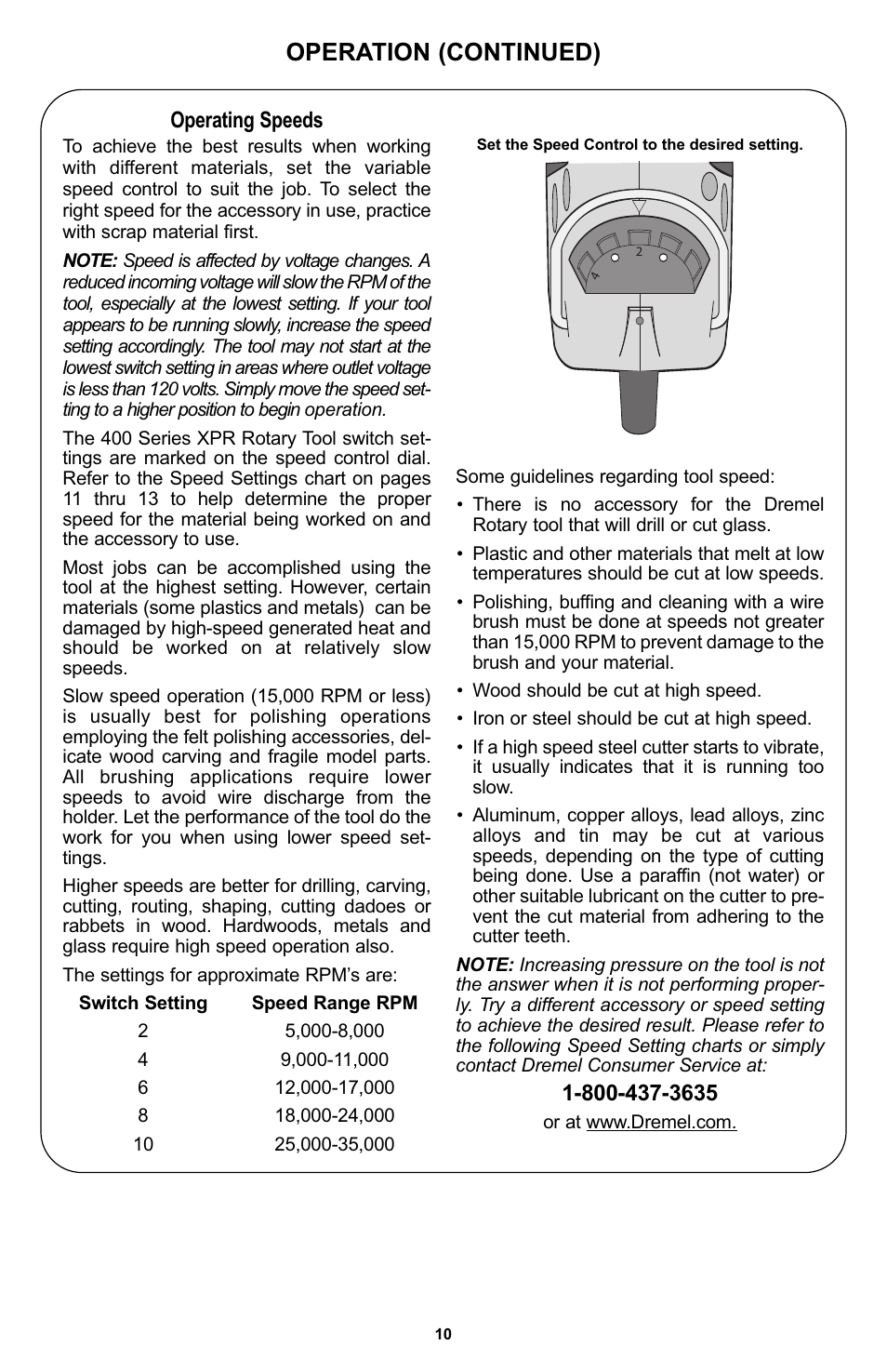 Operation (continued), Operating speeds | Bosch 400 Series XPR User Manual | Page 10 / 72