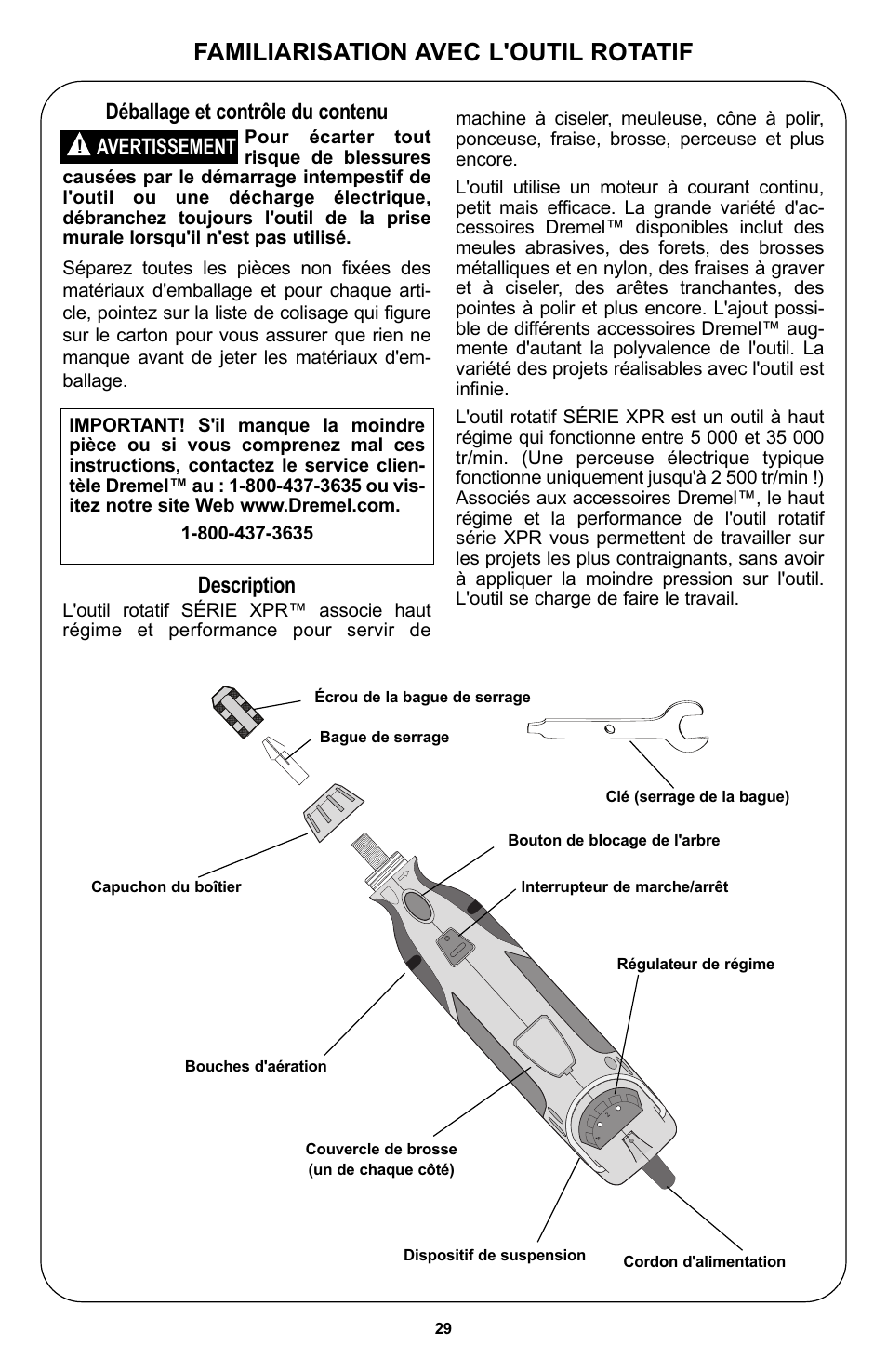 Familiarisation avec l'outil rotatif, Déballage et contrôle du contenu, Description | Avertissement | Bosch 400 Series XPR User Manual | Page 29 / 72