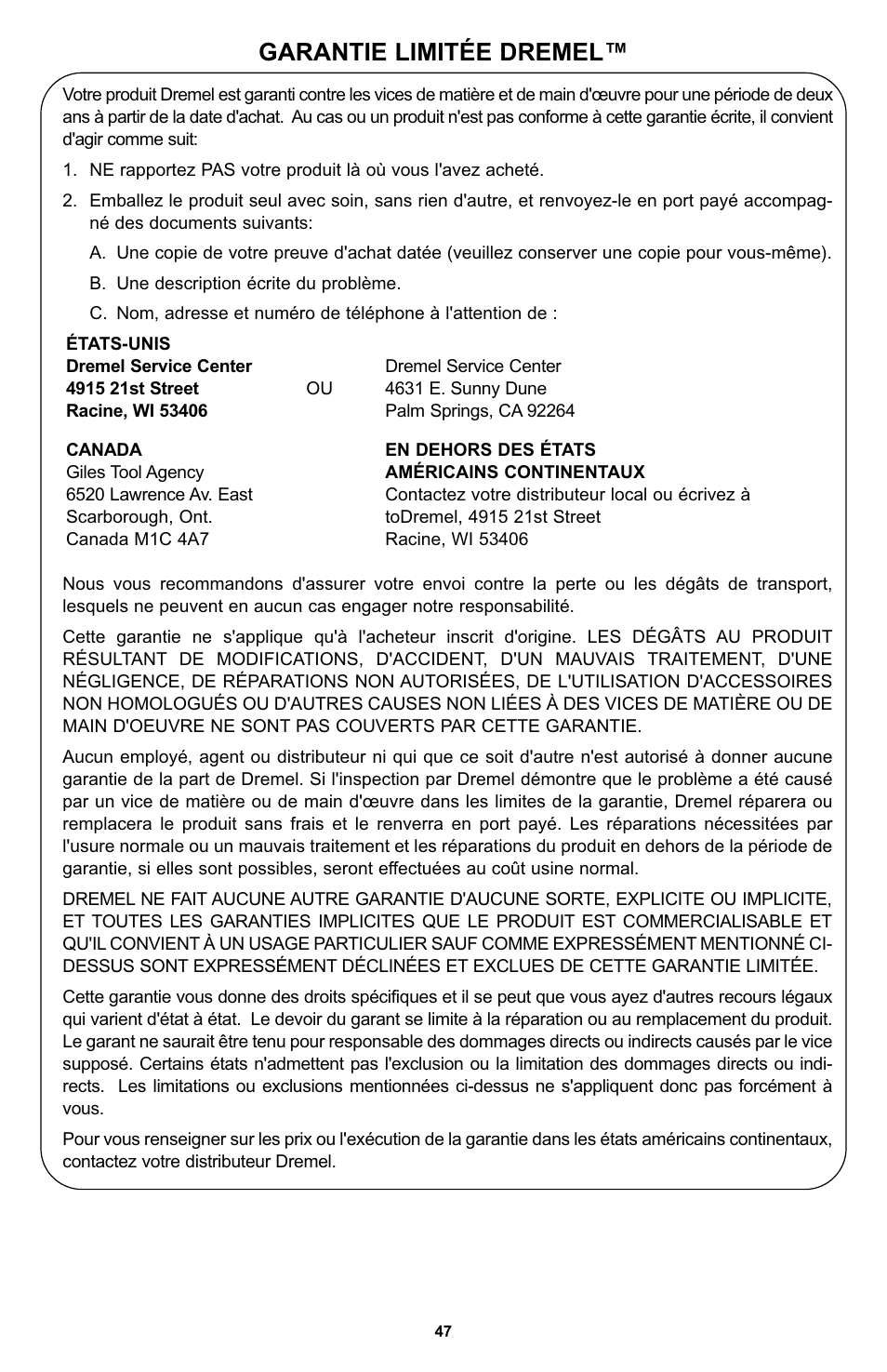 Garantie limitée dremel | Bosch 400 Series XPR User Manual | Page 47 / 72
