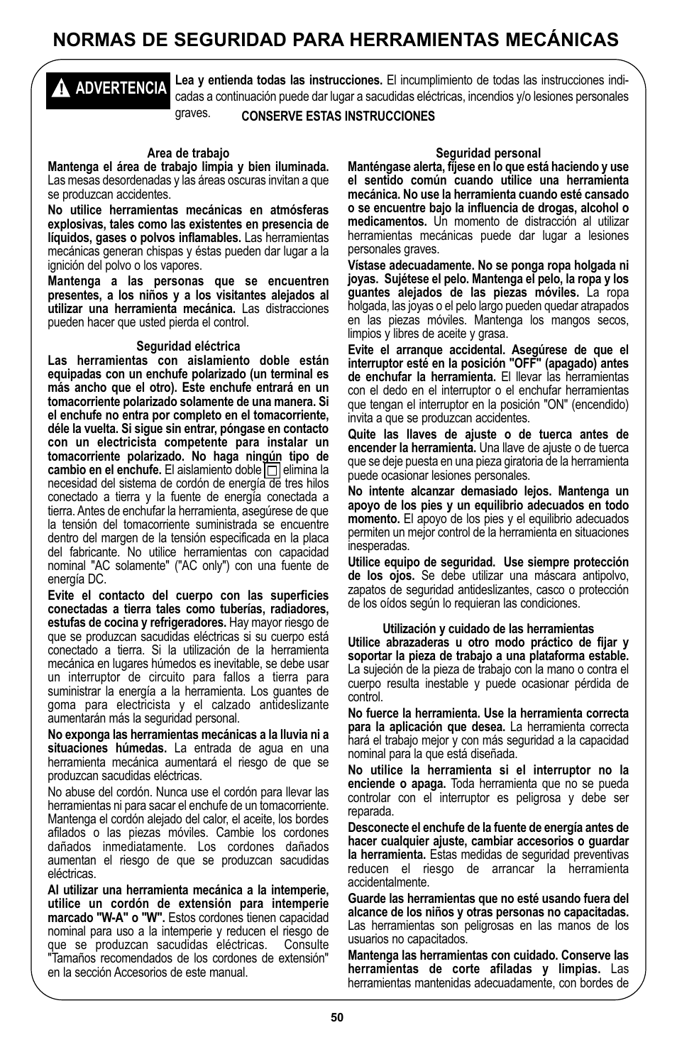 Normas de seguridad para herramientas mecánicas, Advertencia | Bosch 400 Series XPR User Manual | Page 50 / 72