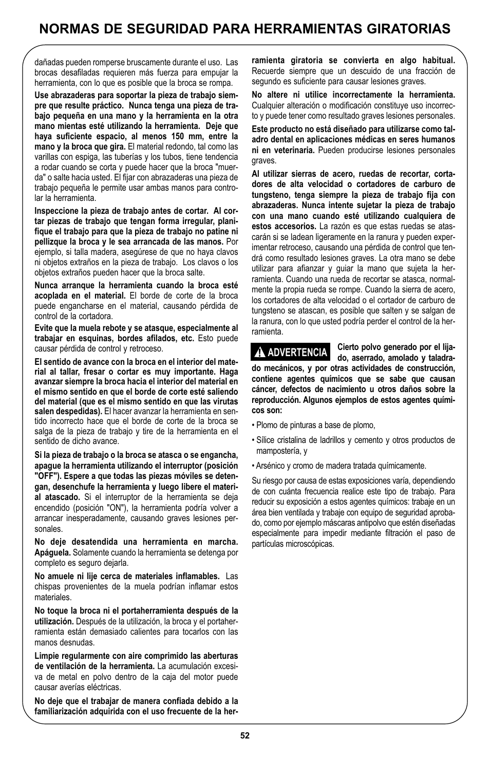 Normas de seguridad para herramientas giratorias | Bosch 400 Series XPR User Manual | Page 52 / 72