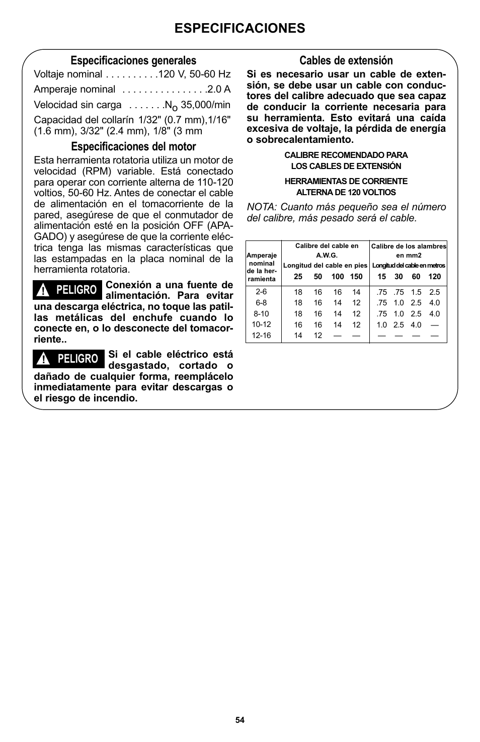 Especificaciones, Especificaciones generales, Especificaciones del motor | Peligro, Cables de extensión | Bosch 400 Series XPR User Manual | Page 54 / 72