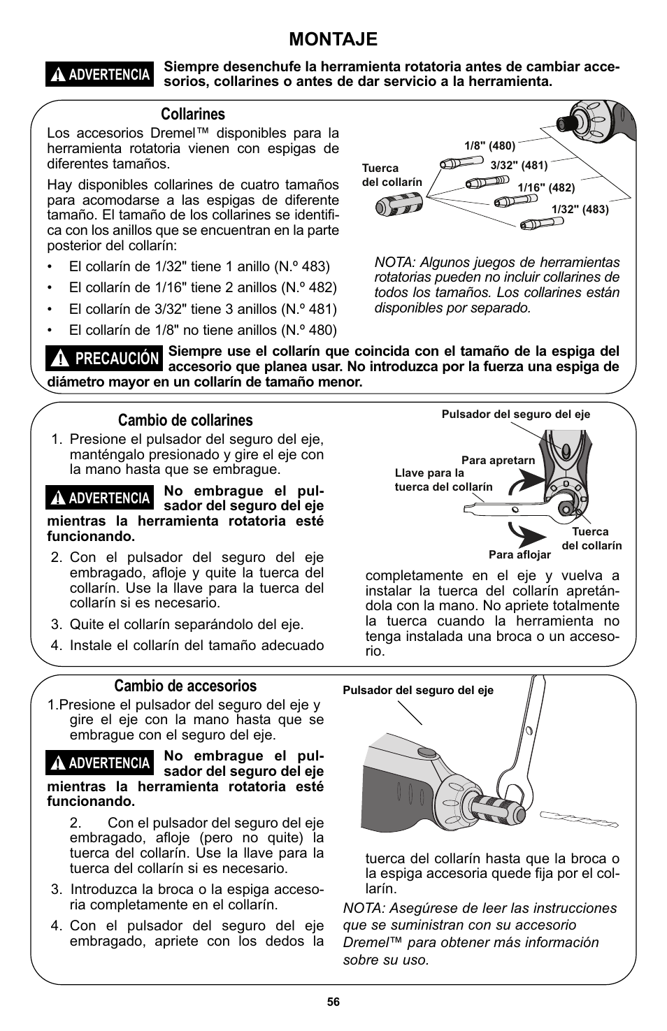 Montaje, Collarines, Cambio de collarines | Precaución, Cambio de accesorios | Bosch 400 Series XPR User Manual | Page 56 / 72