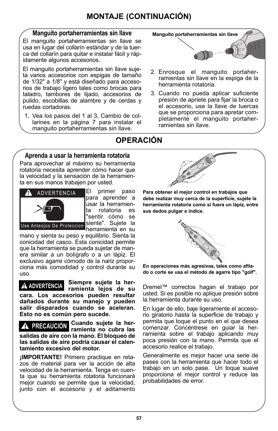 Operación montaje (continuación), Aprenda a usar la herramienta rotatoria, Precaución | Manguito portaherramientas sin llave | Bosch 400 Series XPR User Manual | Page 57 / 72