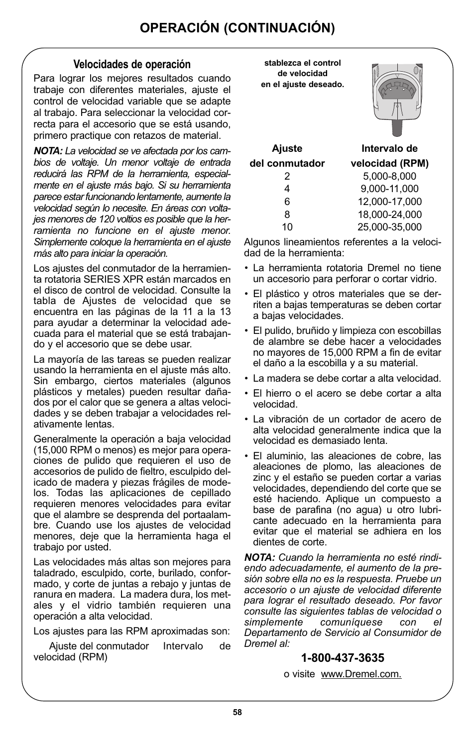 Operación (continuación), Velocidades de operación | Bosch 400 Series XPR User Manual | Page 58 / 72