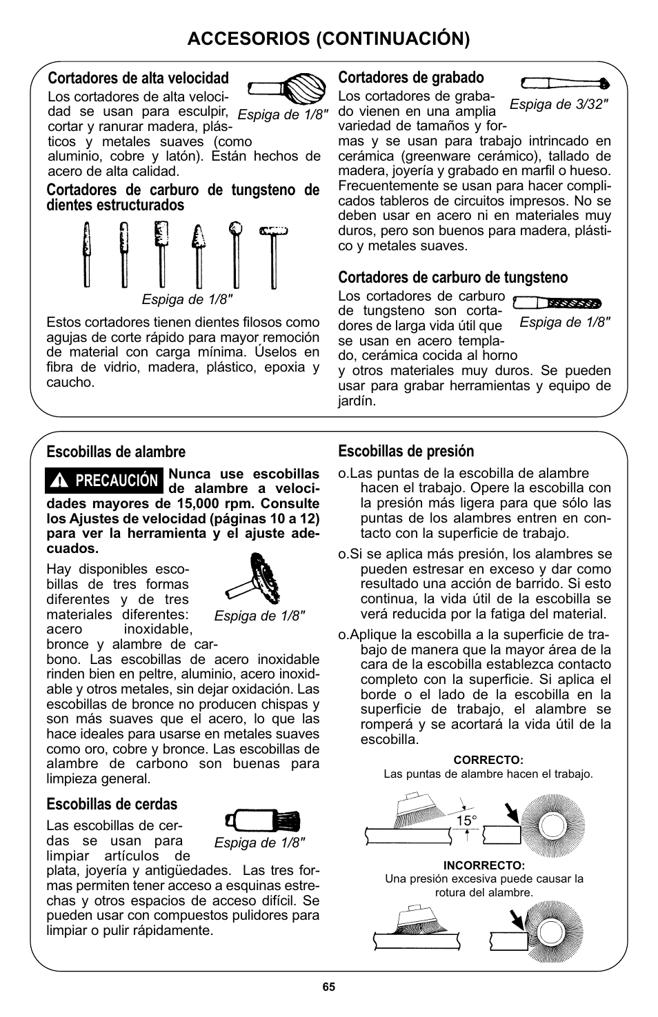 Accesorios (continuación), Escobillas de alambre, Cortadores de carburo de tungsteno | Cortadores de alta velocidad, Cortadores de grabado, Escobillas de cerdas, Escobillas de presión, Precaución | Bosch 400 Series XPR User Manual | Page 65 / 72