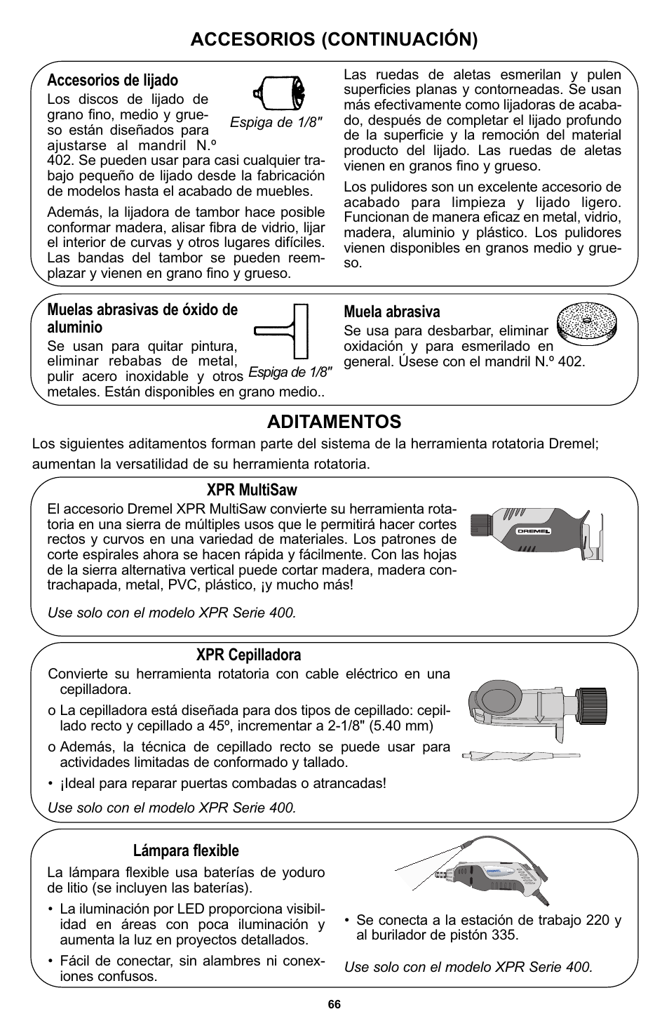 Accesorios (continuación) aditamentos, Accesorios de lijado, Xpr multisaw | Xpr cepilladora, Lámpara flexible, Muelas abrasivas de óxido de aluminio, Muela abrasiva | Bosch 400 Series XPR User Manual | Page 66 / 72