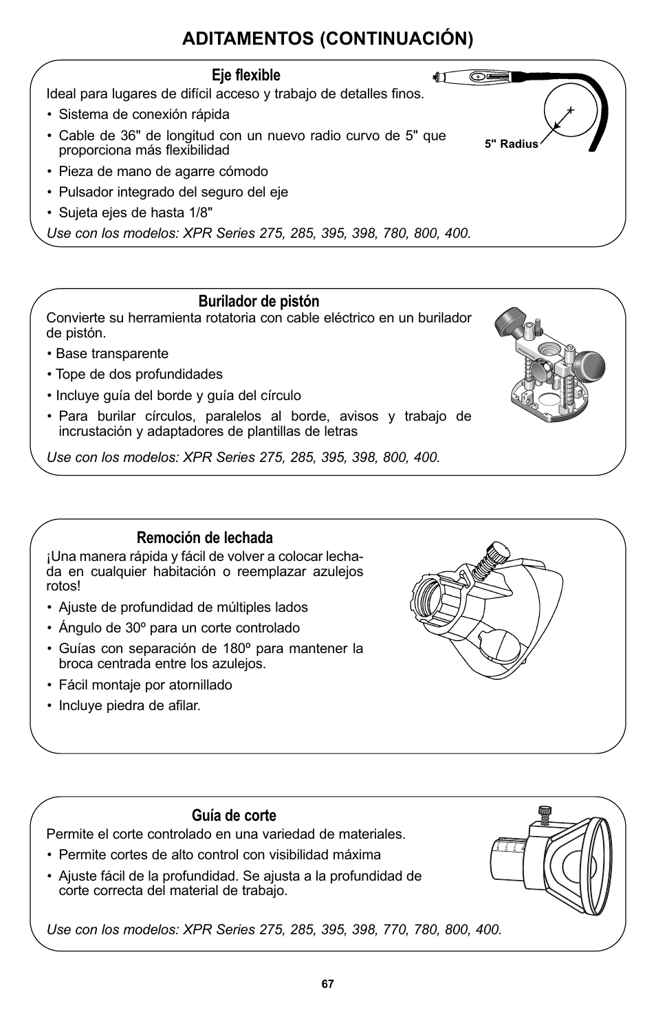 Aditamentos (continuación), Eje flexible, Burilador de pistón | Remoción de lechada, Guía de corte | Bosch 400 Series XPR User Manual | Page 67 / 72