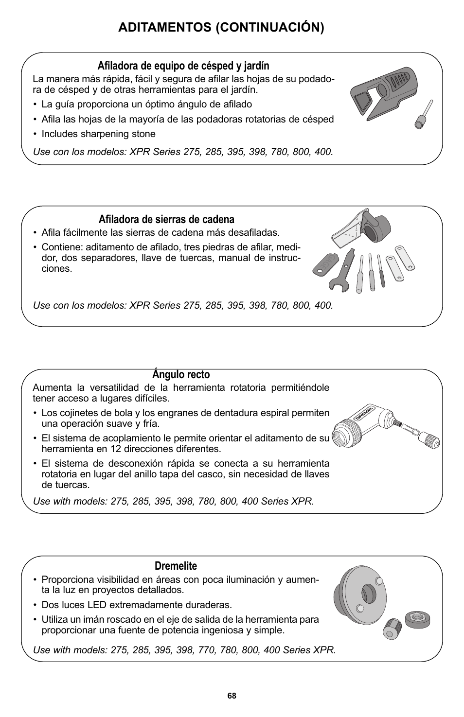 Aditamentos (continuación), Afiladora de equipo de césped y jardín, Afiladora de sierras de cadena | Dremelite, Ángulo recto | Bosch 400 Series XPR User Manual | Page 68 / 72