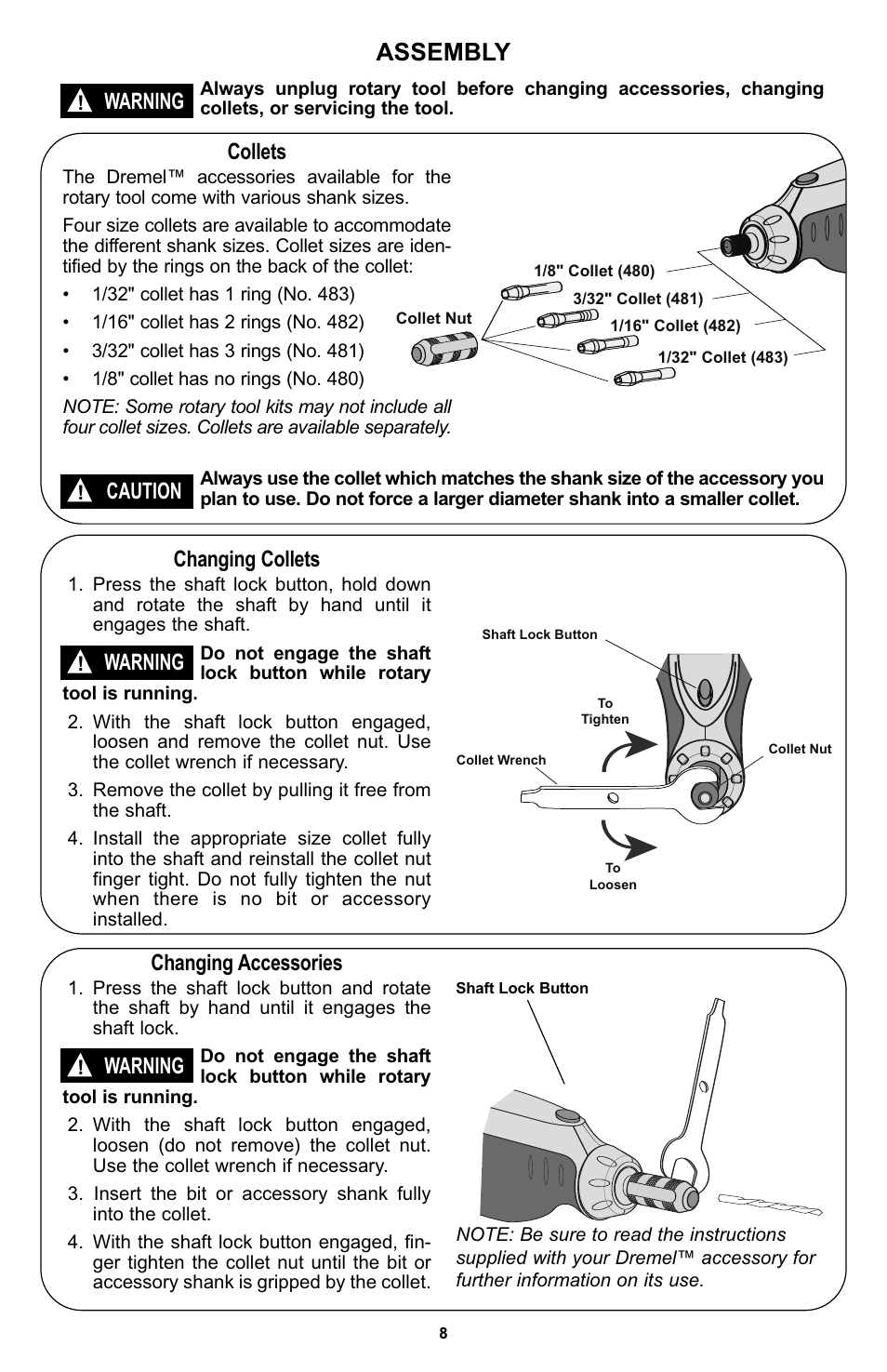 Assembly, Warning, Collets | Changing collets, Caution, Changing accessories | Bosch 400 Series XPR User Manual | Page 8 / 72