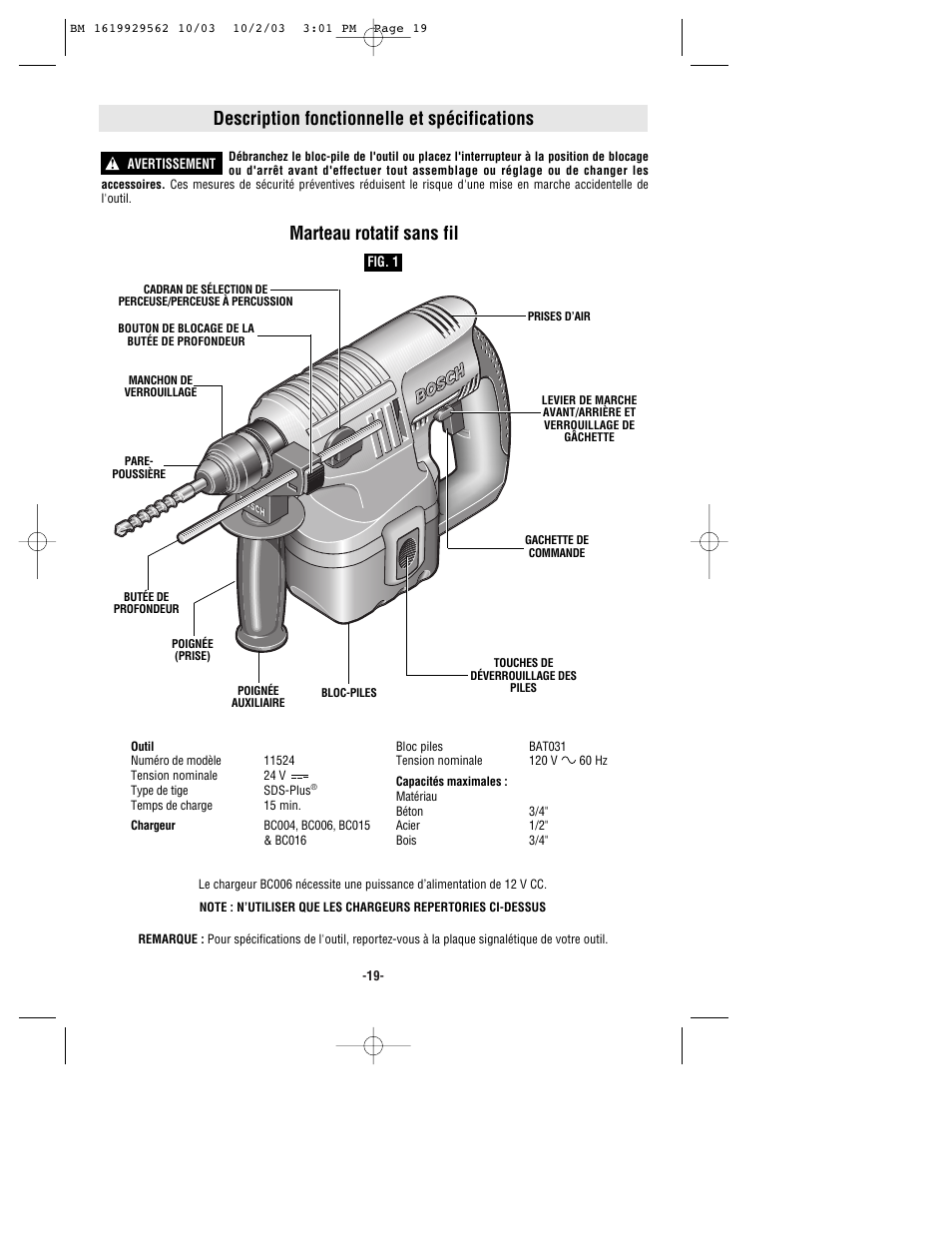 Description fonctionnelle et spécifications, Marteau rotatif sans fil | Bosch 11524 User Manual | Page 19 / 40