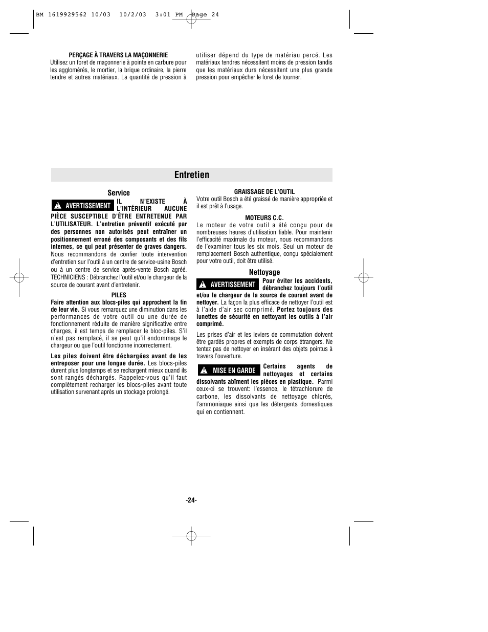 Entretien | Bosch 11524 User Manual | Page 24 / 40