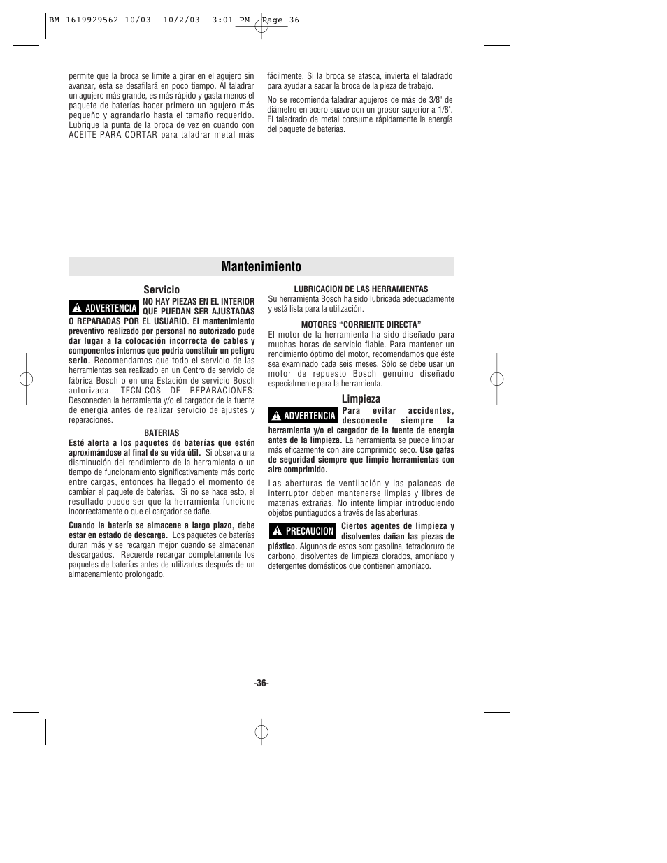 Mantenimiento | Bosch 11524 User Manual | Page 36 / 40