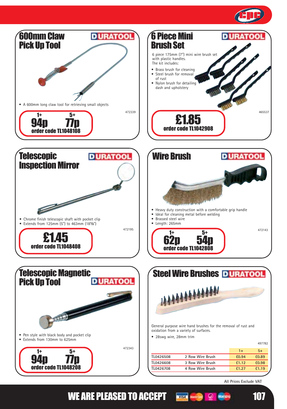 94p 77p, 62p 54p, We are pleased to accept 107 | 600mm claw pick up tool, Telescopic inspection mirror, Telescopic magnetic pick up tool, 6 piece mini brush set, Wire brush, Steel wire brushes | Bosch LHM0610 User Manual | Page 107 / 148