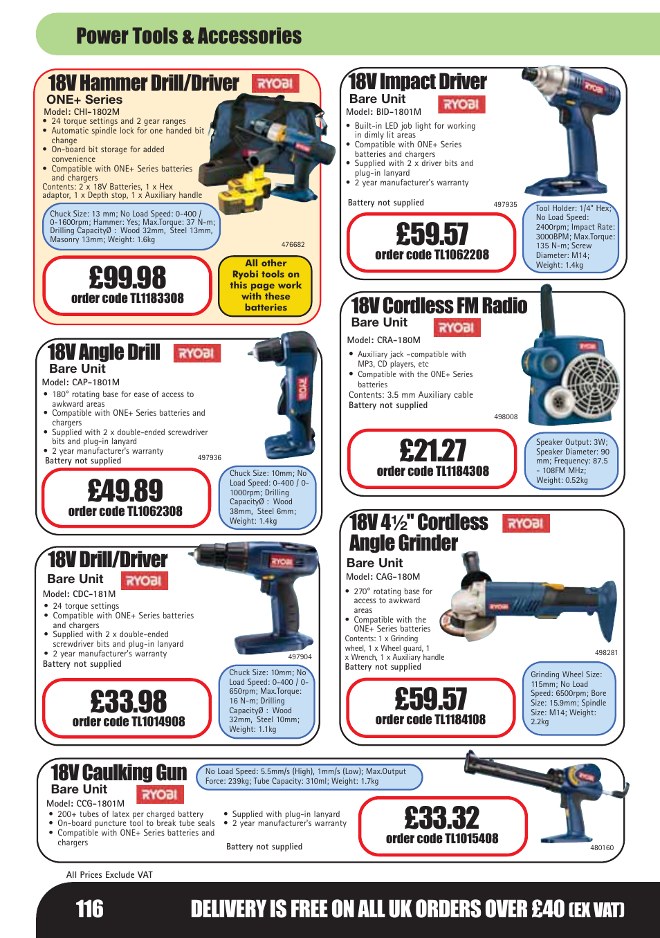 18v angle drill, 18v drill/driver, 18v impact driver | 18v caulking gun, 18v cordless fm radio, 18v hammer drill/driver, Ex vat) | Bosch LHM0610 User Manual | Page 116 / 148