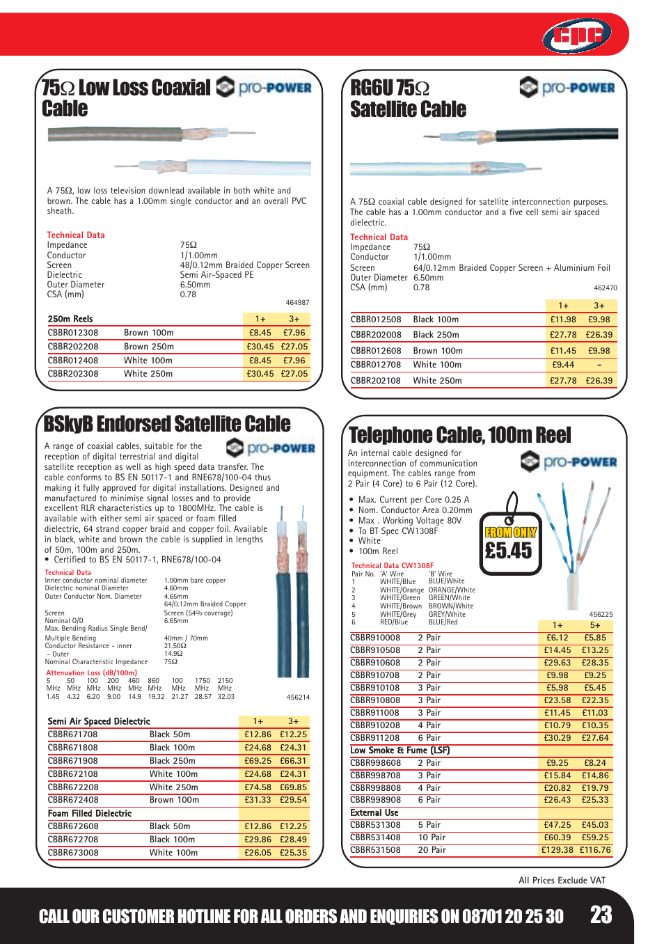 Rg6u 75 ω satellite cable, Bskyb endorsed satellite cable, Telephone cable, 100m reel | 75 ω low loss coaxial cable | Bosch LHM0610 User Manual | Page 23 / 148